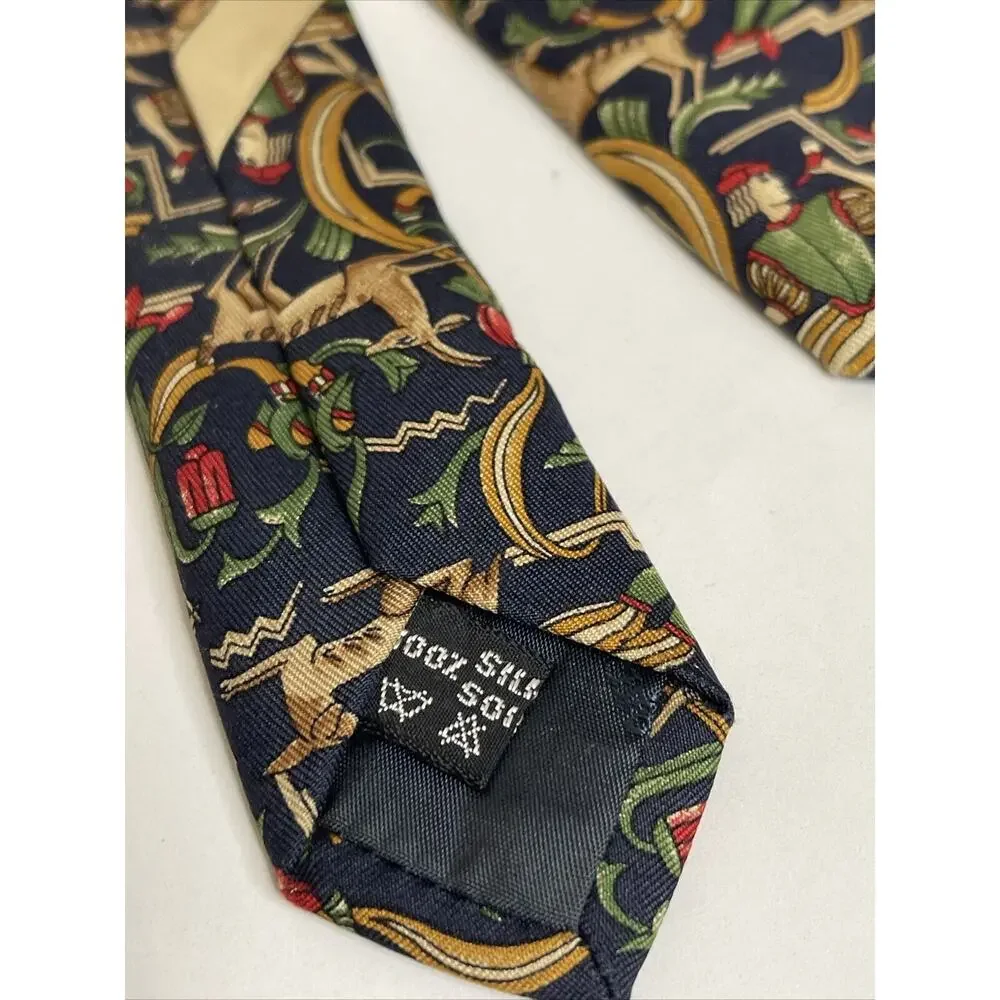 Salvatore Ferragamo Silk Tie Mens Blue Red Abstract Deer Hunter Print Pointed